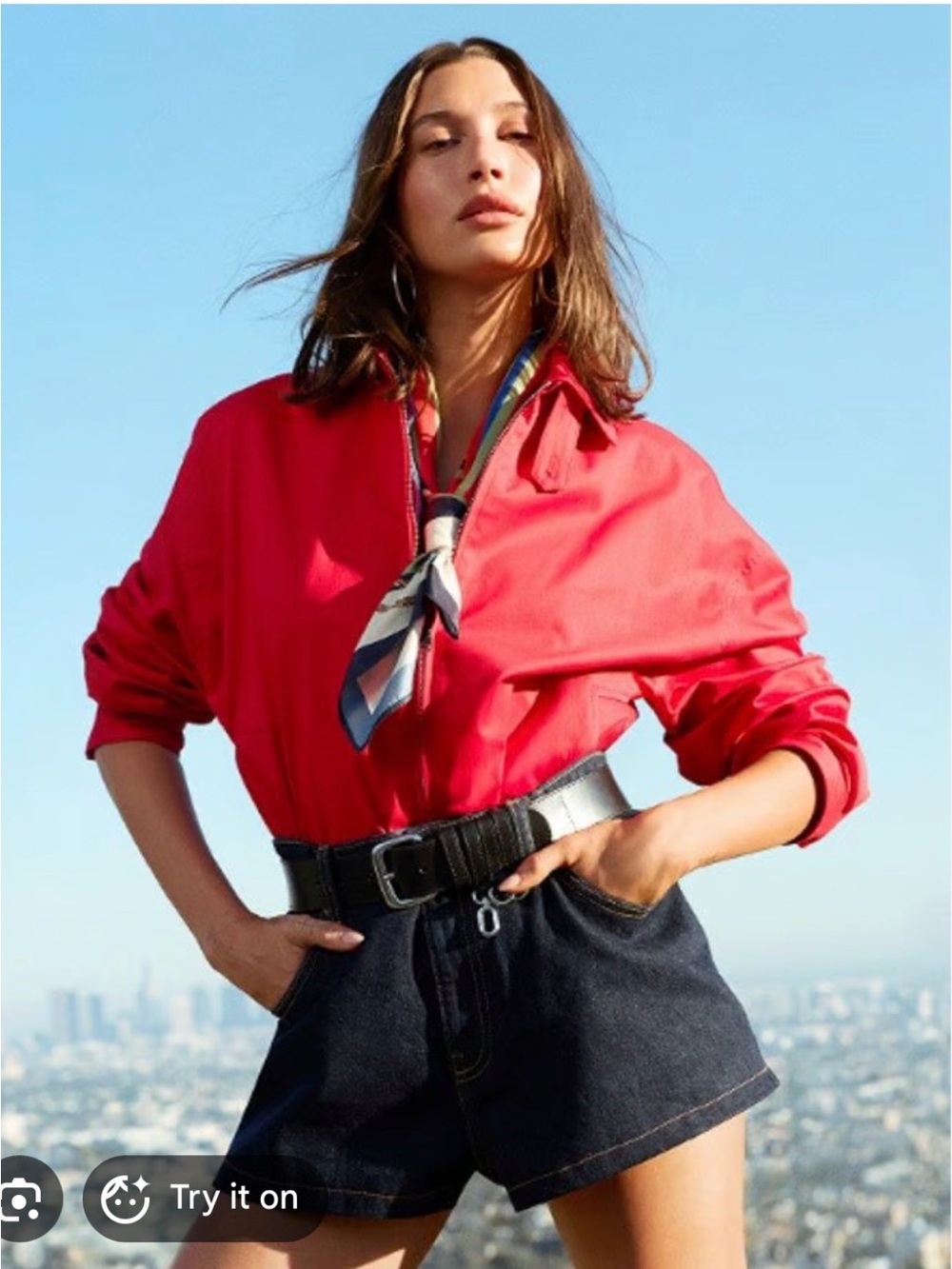 Mango Red Button-Down Shirt with Neck Scarf